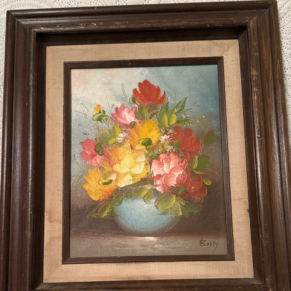 Rossy Floral Still Life Painting in Wooden Frame